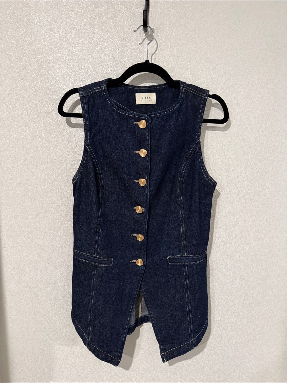 DISSH Dark Blue Denim Sleeveless Button Vest with Gold Buttons